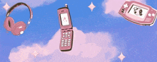 an illustration of a pink flip phone headphones and a video game