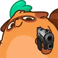 a cartoon cat with a green hat is pointing a gun