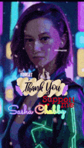 a picture of a woman with the words " thank you support me " on it