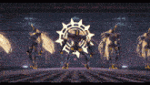 a group of robots are standing in a dark room with a star in the background