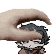 a pixel art of a hand touching a cartoon character 's head