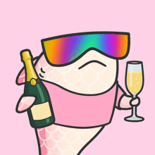 a fish wearing sunglasses and holding a bottle of champagne and a glass