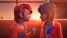 a couple of cartoon characters standing next to each other and looking at each other