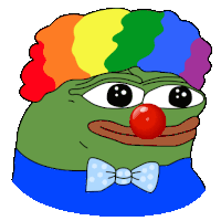 a green frog with a rainbow hair and a red nose