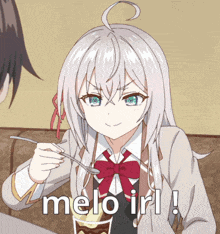 a girl in a school uniform is eating something with a spoon and the words melo irl written below her