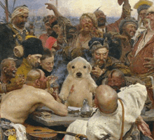 a group of men are gathered around a table with a stuffed polar bear