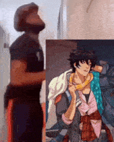 a man is standing next to a drawing of a man with a tattoo on his chest