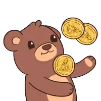 a teddy bear is holding three coins in its mouth