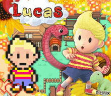 a pixel art of lucas from earthbound with a snake