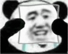 a panda bear is holding a picture of a man 's face in front of its eyes .