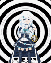 a girl with white hair is holding a lollipop in front of a spiral