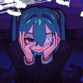 a cartoon of a girl with blue hair covering her face with her hands