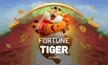an advertisement for fortune tiger with a tiger holding a red envelope
