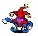 a pixel art drawing of a clown with a red hat and blue pants .