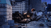a giant robot is laying on a pile of rubble in front of a city