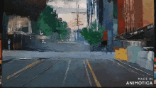 a painting of a city street with the words made in animotica on the bottom