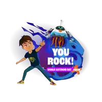 an advertisement for world asteroid day shows a boy and a robot