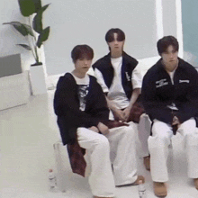 three young men are sitting next to each other in a room and one of them is wearing a thrasher jacket