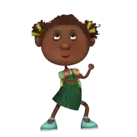 a cartoon girl with curly hair wearing overalls and blue shoes