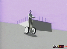 a cartoon of a person riding a segway with the words vcrparty liv below