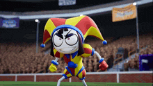 a cartoon character in a jester costume stands on a field in front of a crowd