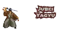 a pixel art of a man holding a sword and the words jubei yagyu behind him