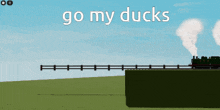 a train going over a bridge with the words go my ducks