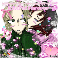 a drawing of a girl kissing another girl with the words " kazpol forever " written above them