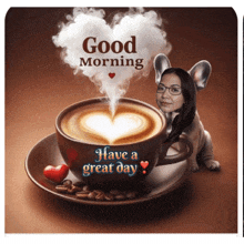 a picture of a cup of coffee with the words good morning have a great day written on it