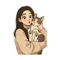 a cartoon of a woman holding a cat with paw prints on it