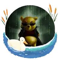 a teddy bear wearing sunglasses stands next to a white duck