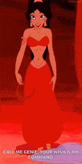 a cartoon of a woman in a red dress with the words call me genie your wish is my command