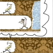 a drawing of a man walking through a tunnel with a hammer and a spear