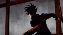 a cartoon character is running with a sword in a dark room