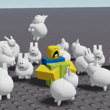 a cartoon character with a sad face is surrounded by white sheep