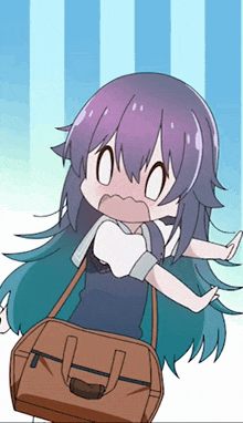 a cartoon girl with purple hair is holding a brown purse
