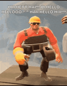 a man in a hard hat and overalls is dancing and says hi hello hellooo