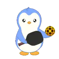 a penguin is holding a paddle and a yellow ball