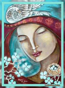 a painting of a woman with a bird on her head and the words joyous of peace on the bottom