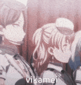 a group of anime girls are standing next to each other and the word vikamei is on the bottom left