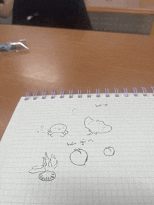 a spiral notebook with a drawing of a crab tomatoes and fire