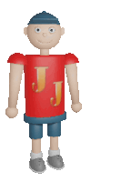 a cartoon character wearing a red shirt with letters j on it