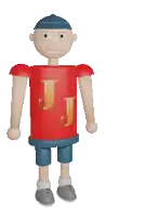 a cartoon character wearing a red shirt with letters j on it