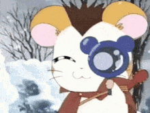 a cartoon hamster wearing a scarf and holding a magnifying glass