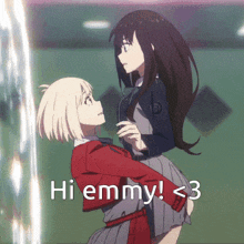 a picture of two anime girls with the words hi emmy < 3 on the bottom