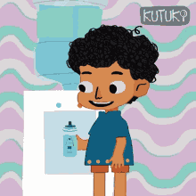 a cartoon drawing of a boy holding a bottle with the word kutuk on the bottom