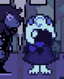a pixel art of a cartoon character with a blue hat