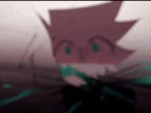 a close up of a cartoon character 's face with a blurred background and green eyes .