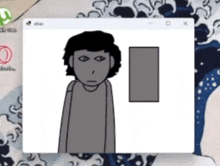 a computer screen shows a cartoon of a man with a square in front of him