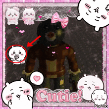 a picture of a bear with a pink bow and the words cutie on the bottom